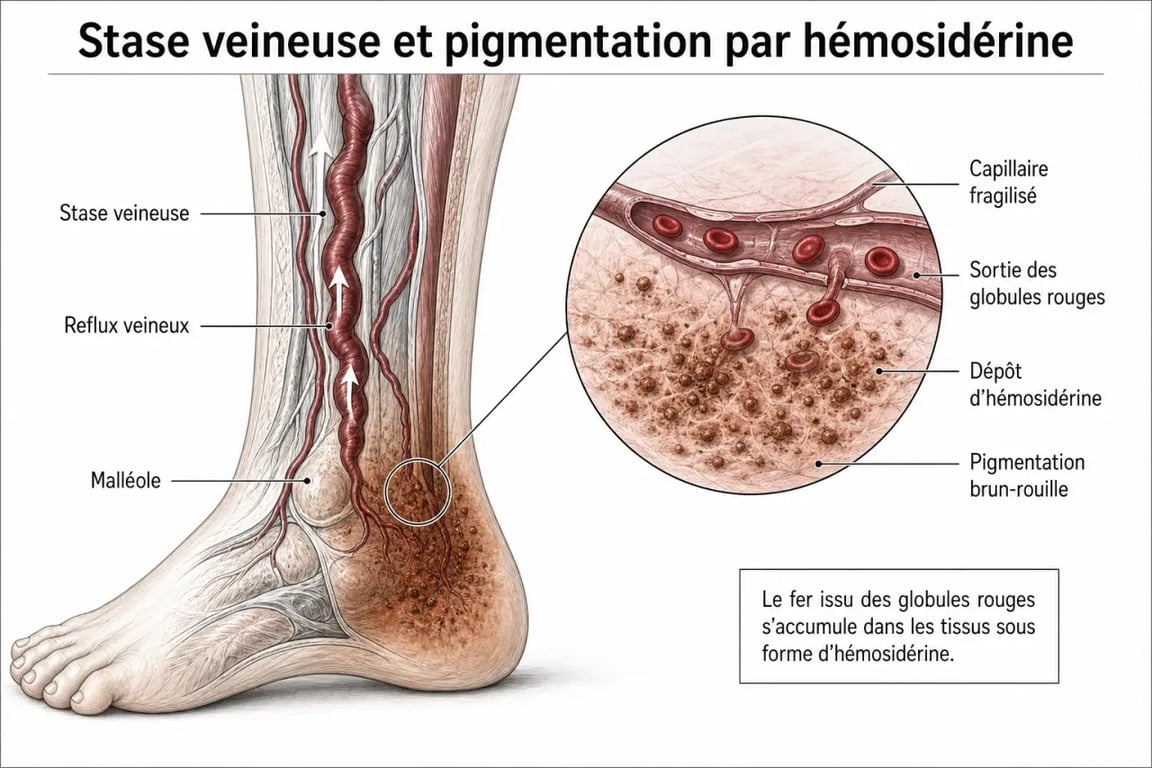 Traitement dermite ocre : schéma de la stase veineuse et des dépôts d’hémosidérine autour de la cheville