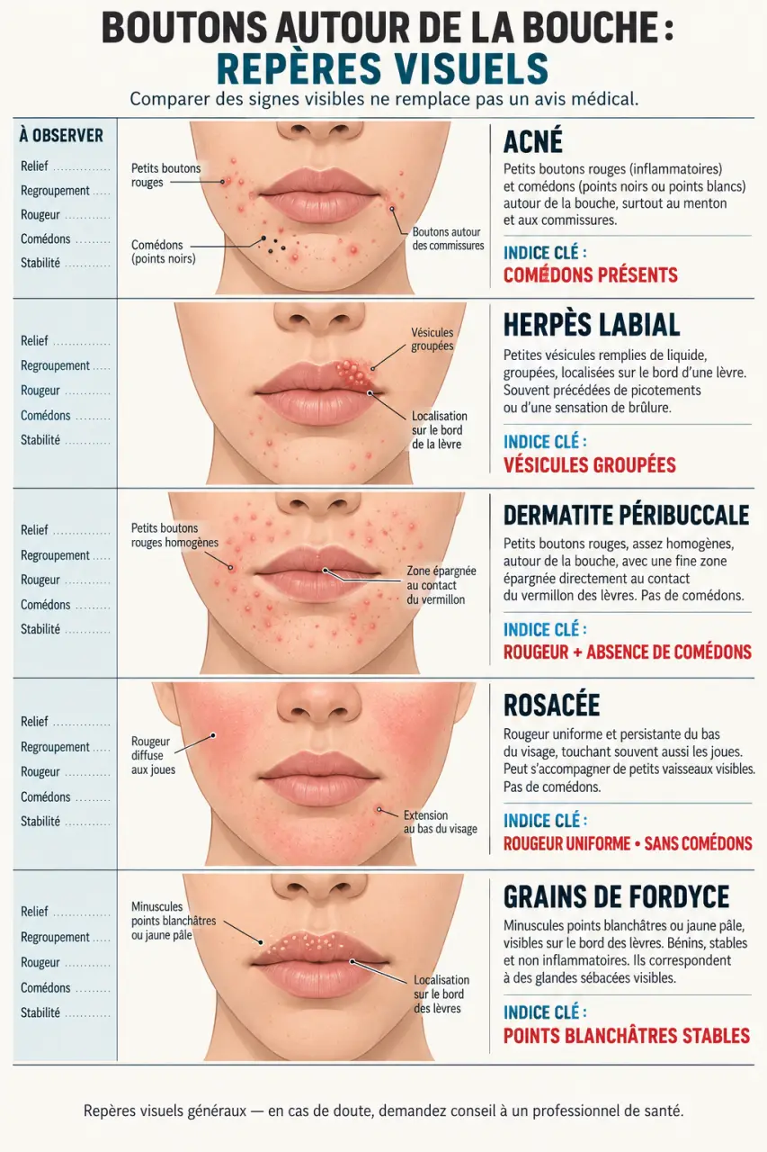 Infographie pour différencier l’acné autour de la bouche, l’herpès labial et la dermatite péribuccale