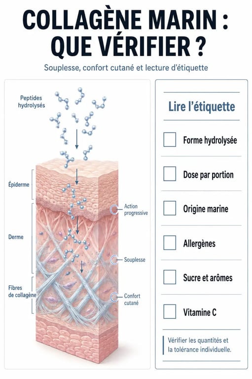 Infographie sur le collagène marin anti-âge : action progressive, forme hydrolysée et critères à vérifier sur l’étiquette