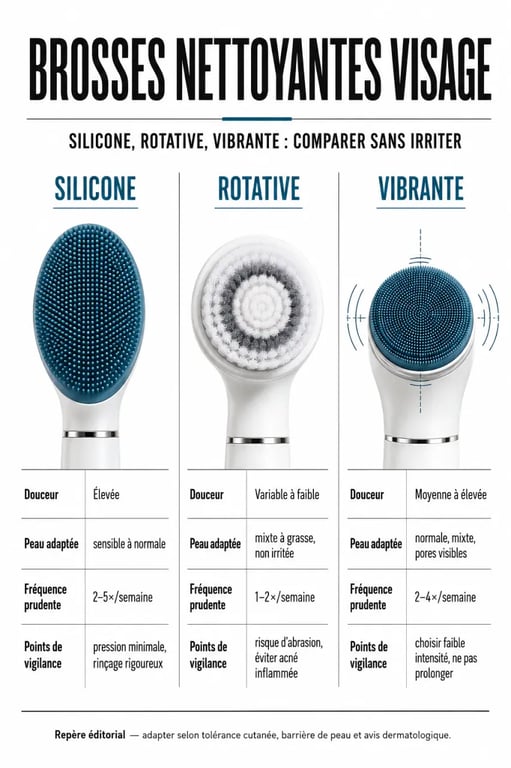 brosse nettoyante visage : comparatif visuel des technologies silicone, rotative et vibrante selon le type de peau