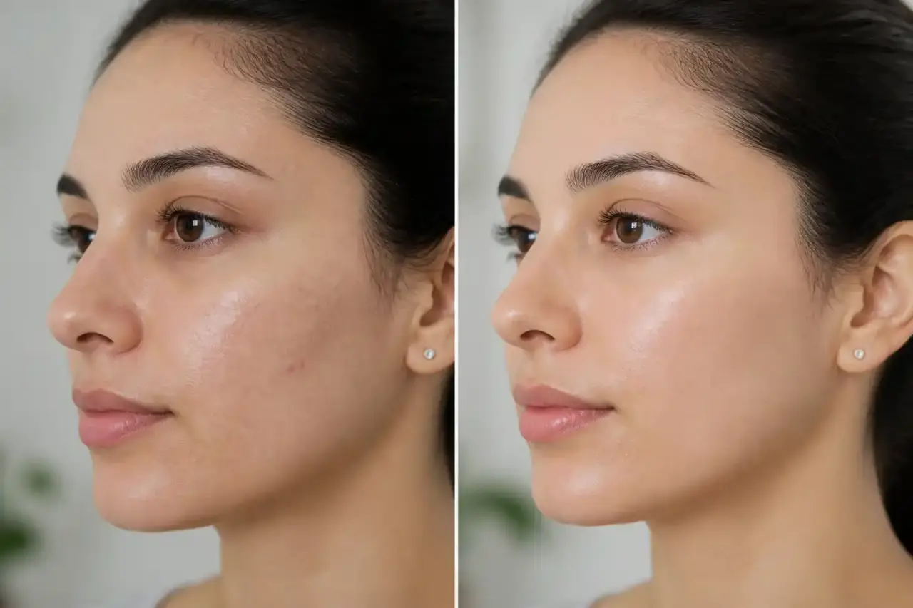 Résultat avant/après d’un microneedling sur cicatrices d’acné, peau lumineuse et lissée