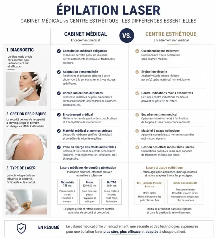 Comparatif cabinet médical et centre esthétique pour épilation laser avis dermatologue