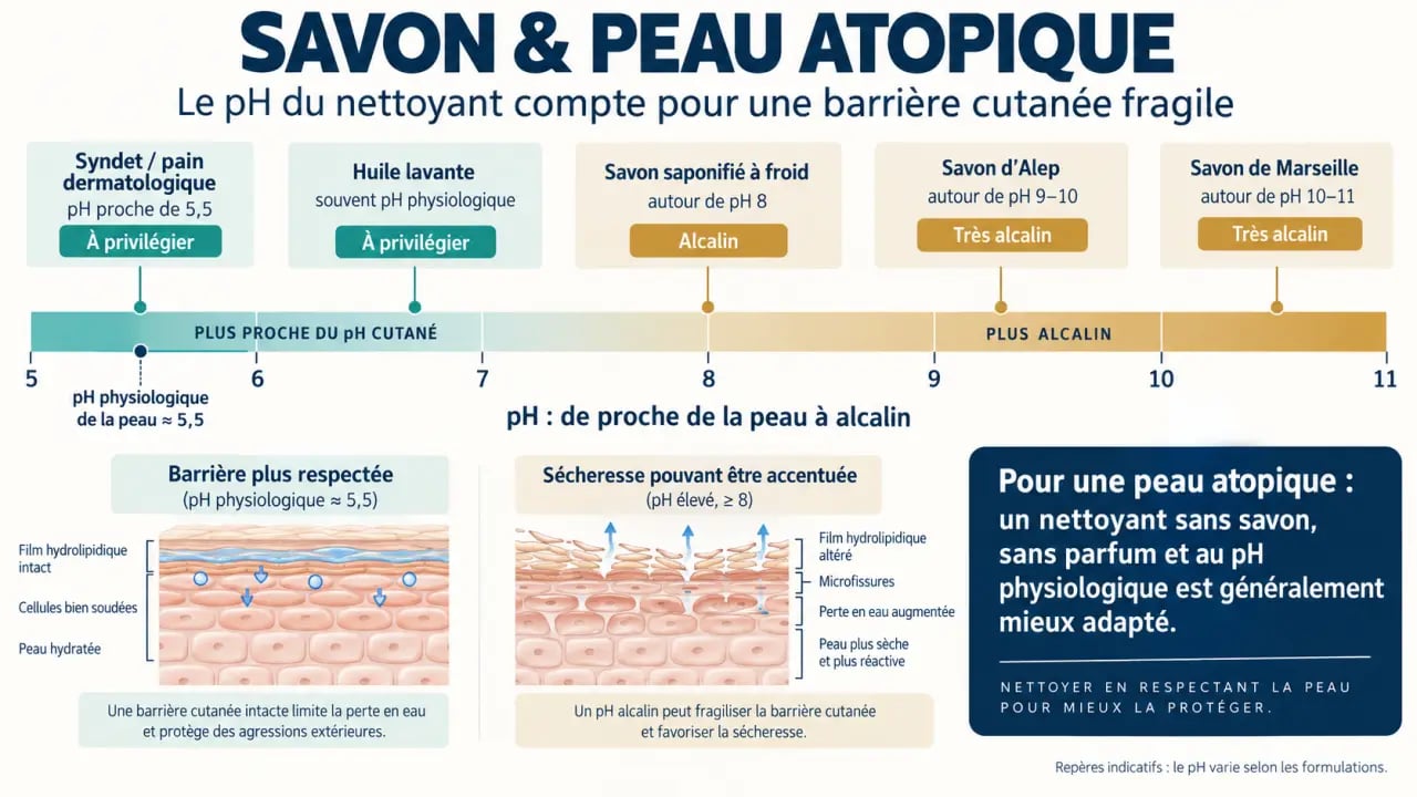 Infographie comparative sur le savon peau atopique et le pH des différents nettoyants