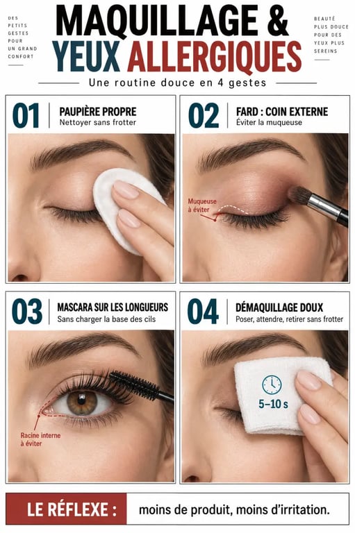 Routine de maquillage yeux allergiques avec application externe et démaquillage doux