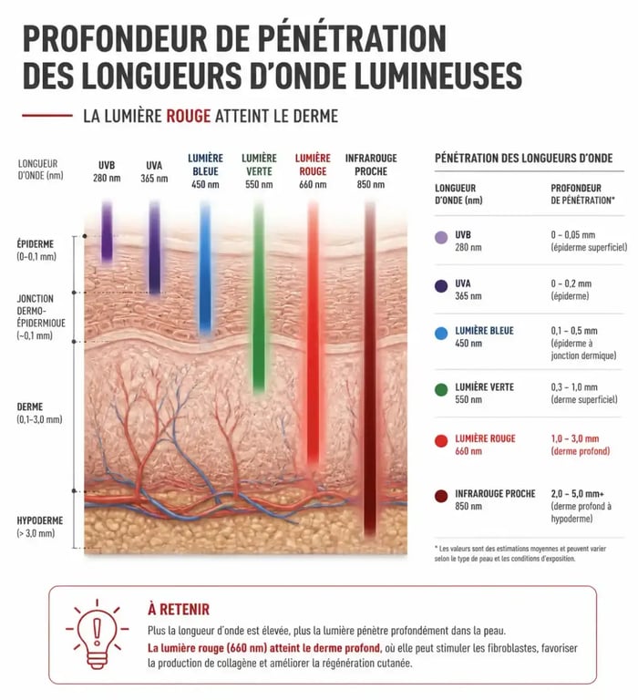 Graphique comparatif de la pénétration spectrale de la luminothérapie visage rides
